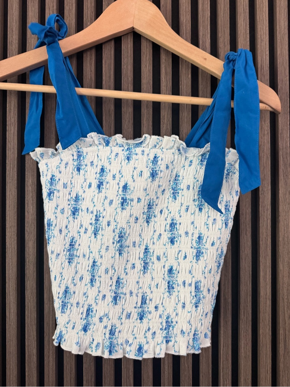 Katie J NYC White Smocked Tank with Blue Tie Straps